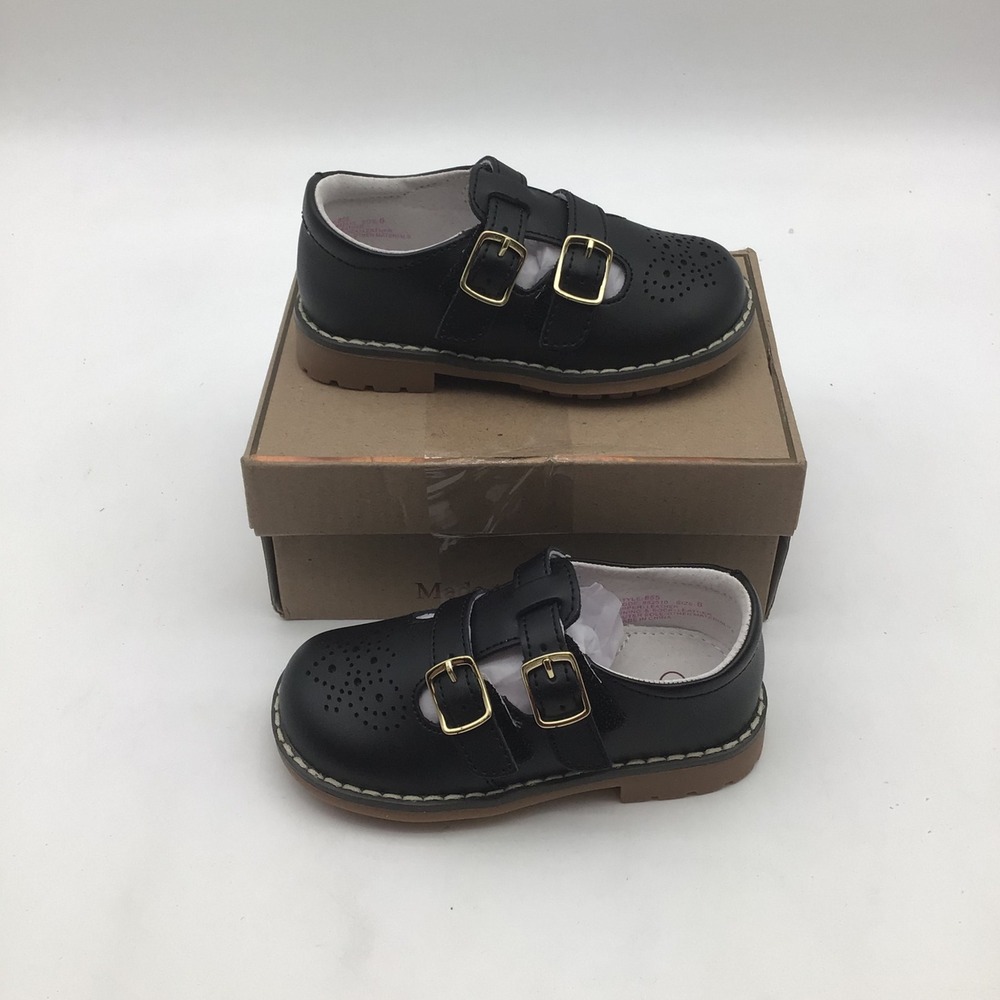L'Amour Kids Girls Black Leather Double Buckle Mary Jane Shoes Size 6 NEW
